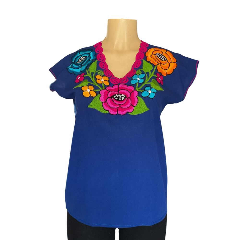 Mexican Blouse Blue Embroidered Artisanal Cotton Floral Chiapas Boho Handmade